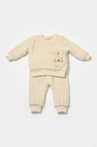 Set bluza dublata si pantaloni Ursulet, Winter muselin, 100% bumbac - Stone, BabyCosy