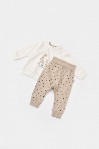 Set bluzita cu maneca lunga si panataloni lungi cu buline Girafa, BabyCosy, 100% bumbac organic, Ecru