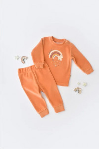 Set Curcubeu cu bluzita cu maneca lunga si pantaloni lungi din 80%bumbac organic si 20% poliester - Portocaliu, BabyCosy