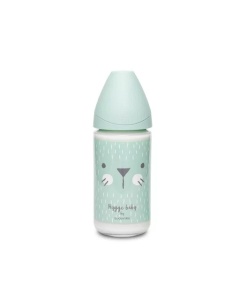 Biberon din sticlă 240 ml cu tetină rotundă din silicon, 3 fluxuri, pisică verde Hygge Suavinex - Img 2