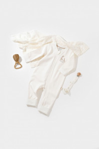 Salopeta cu fermoar Girafa, BabyCosy, 100% bumbac organic, Ecru