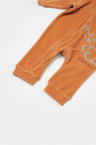 Salopeta Elefant cu maneca lunga si gluga din 80%bumbac organic si 20% poliester - Caramiziu, BabyCosy