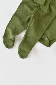 Set 3 piese: body cu maneca lunga, pantaloni lungi cu botosei si caciulita din bumbac organic si modal - Verde BabyCosy - Img 4