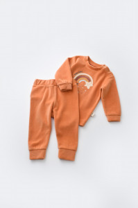 Set Curcubeu cu bluzita cu maneca lunga si pantaloni lungi din 80%bumbac organic si 20% poliester - Portocaliu, BabyCosy - Img 2