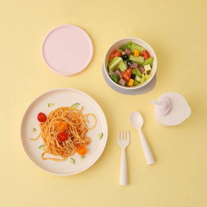 Set diversificare hrana bebelusi Miniware Little Foodie, 100% din materiale naturale biodegradabile, 6 piese, Vanilla+Cotton candy