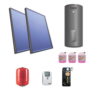 Pachet 2 X panou Ferroli SOLAREVO 2.1V + boiler 200 L + suporti montaj acoperis cu suprafata plana - tip terasa Confort