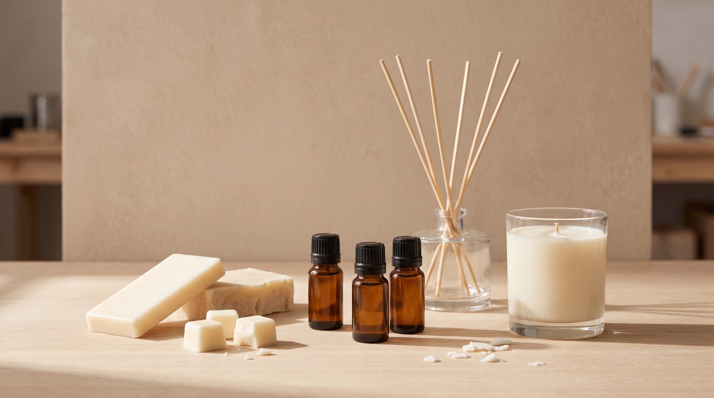 Uleiuri parfumate în sticle brune, lângă o lumânare în pahar, wax melts, un difuzor cu bețișoare și săpun handmade