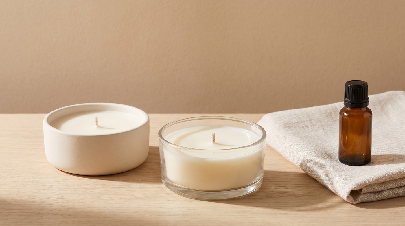 Două lumânări de masaj în vase late, unul de ceramică și unul de sticlă, cu fitil de bumbac și ulei parfumat