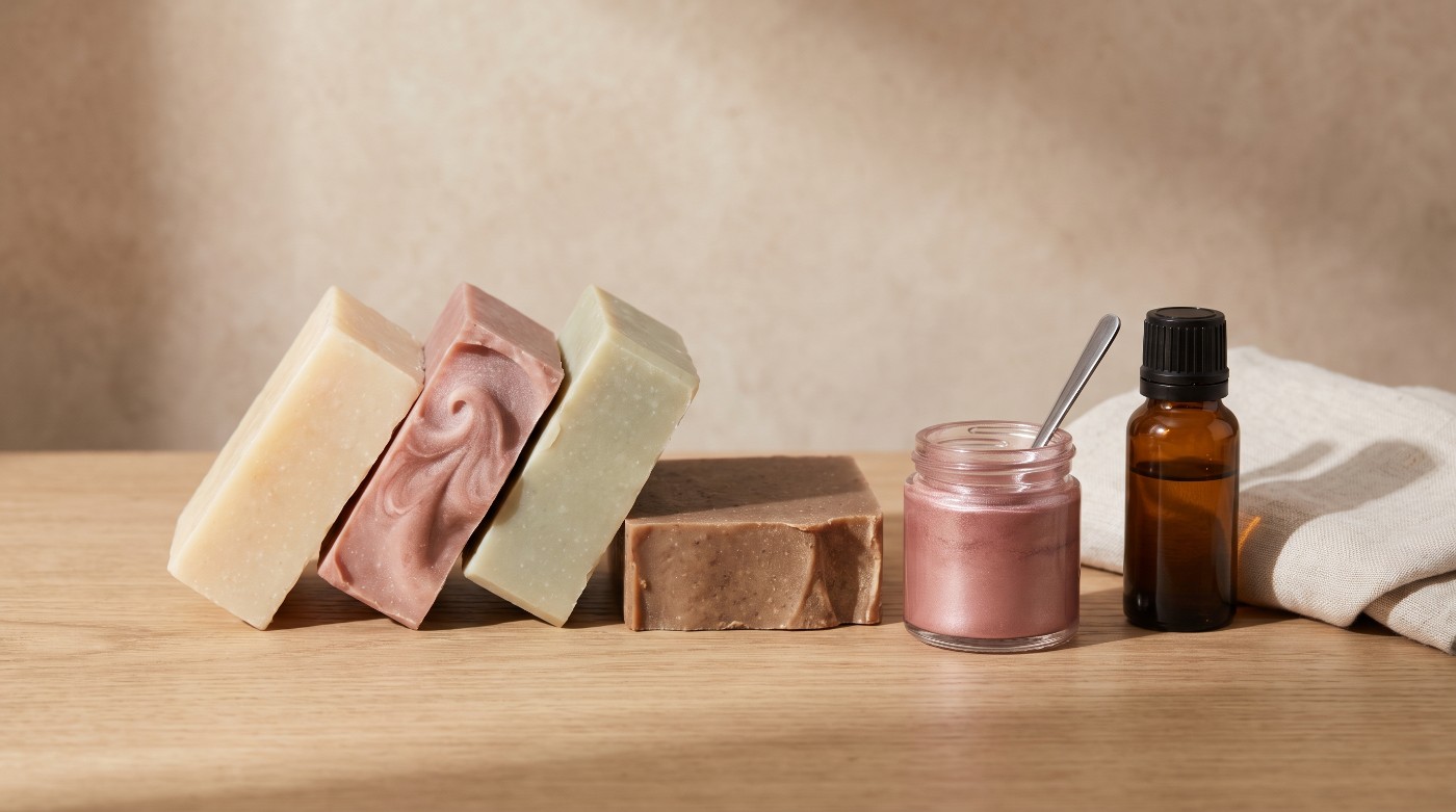 Patru săpunuri handmade tăiate manual în nuanțe naturale, lângă pudră mica și o sticlă de ulei parfumat