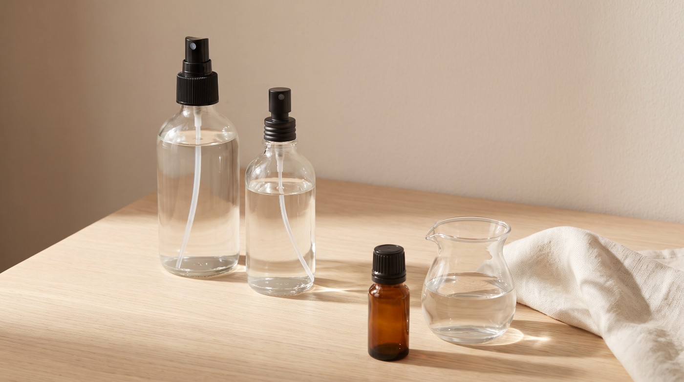 Două sticle de spray de cameră cu pulverizator negru, lângă o sticlă de ulei parfumat și o carafă cu bază