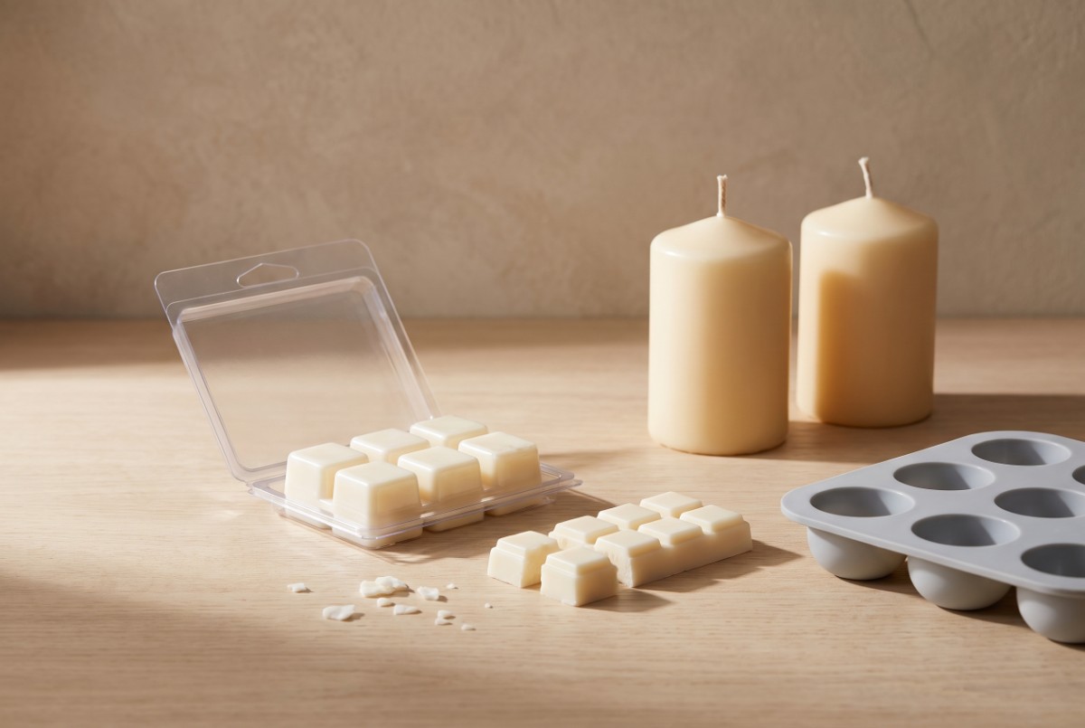 Wax melts din ceară crem într-o matriță clam shell, o tabletă ruptă în cuburi și două lumânări pilon