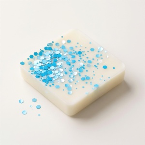 Tabletă de wax melt din ceară crem, presărată cu glitter perlat turcoaz