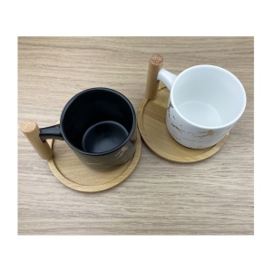 Set 2 Căni de Cafea cu Farfurii din Lemn – 150ml, Alb și Negru, Design Piatră - Img 4