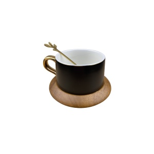 Set Ceașcă de Cafea cu Farfurie din Lemn și Linguriță – 200ml, Negru