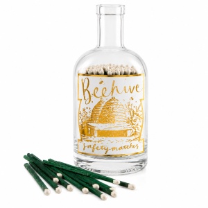 Chibrituri decorative în sticlă Beehive – sticlă cu dop de plută și etichetă gold foil cu stup de albine, 150 chibrituri colorate, Archivist UK