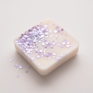 Tabletă de wax melt din ceară crem, presărată cu glitter perlat lila