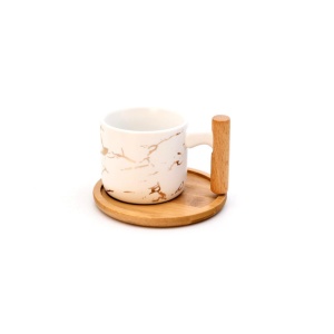 Set 2 cani de cafea cu farfurie din lemn, 150 ml, una alba si una neagra, design piatra 150 ml - Img 1