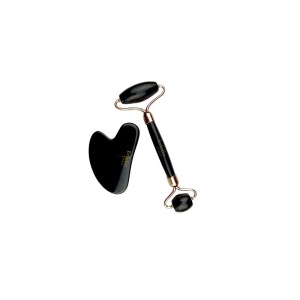 Set Rolă de Obsidian Negru + Gua Sha pentru Masaj Facial, cu Cutie Cadou Inclusă