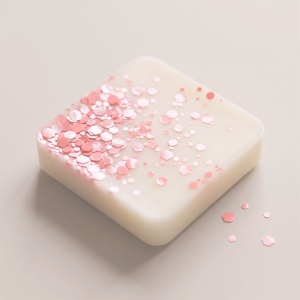 Tabletă de wax melt din ceară crem, presărată cu glitter perlat roz corai