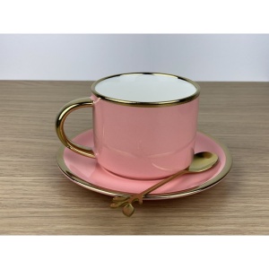 Set Ceașcă de Cafea din Ceramică cu Farfurie și Linguriță – 200ml, Roz - Img 2
