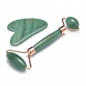 Set Rolă de Green Aventurine + Gua Sha pentru Masaj Facial, cu Cutie Cadou Inclusă