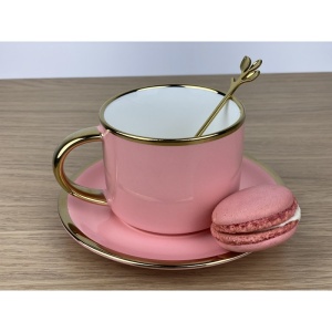 Set Ceașcă de Cafea din Ceramică cu Farfurie și Linguriță – 200ml, Roz - Img 3
