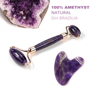 Set Rolă de Ametist + Gua Sha pentru Masaj Facial, cu Cutie Cadou Inclusă