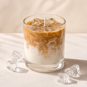 Lumânare ice latte în pahar cu cuburi din ceară gel transparentă care imită cuburile de gheață