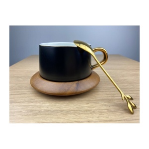 Set Ceașcă de Cafea cu Farfurie din Lemn și Linguriță – 200ml, Negru - Img 2
