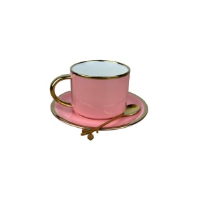 Set Ceașcă de Cafea din Ceramică cu Farfurie și Linguriță – 200ml, Roz
