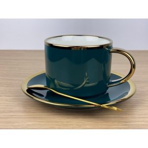 Set Ceașcă de Cafea din Ceramică cu Farfurie și Linguriță – 200ml, Verde Royal 2 - Img 2