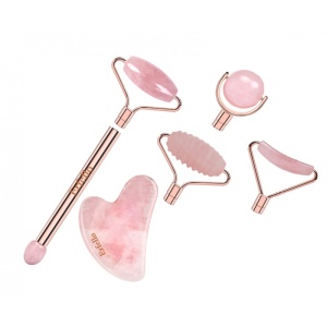 Set Rolă de Cuarț Roz 4-în-1 + Gua Sha pentru Masaj Facial și Corporal, Cutie Cadou