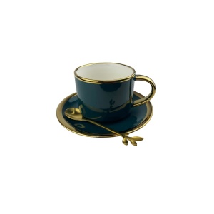 Set Ceașcă de Cafea din Ceramică cu Farfurie și Linguriță – 200ml, Verde Royal 2