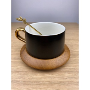 Set Ceașcă de Cafea cu Farfurie din Lemn și Linguriță – 200ml, Negru - Img 3