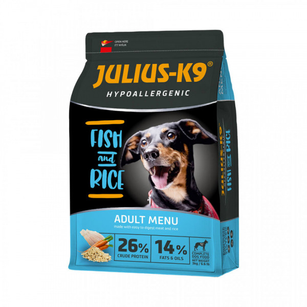 Julius K9 Adult - Hrana uscata super-premium, hipoalergenica - Peste si Orez - 3kg