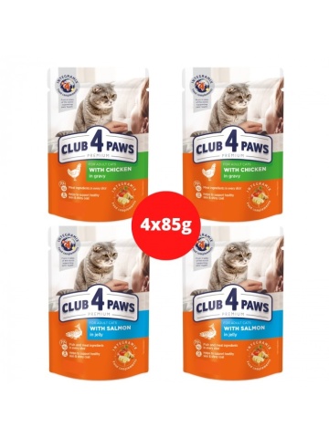 Multipack Club 4 Paws Cat - Hrana umeda premium - Pui si Somon - 4x85g - Img 1