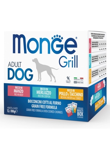 Multipack Monge Grill Chunkies - Hrana umeda super-premium - Vita, Cod si Pui - 12x100g