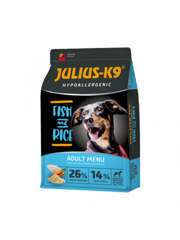 Julius K9 Adult - Hrana uscata premium, hipoalergenica - Peste si Orez - 3kg