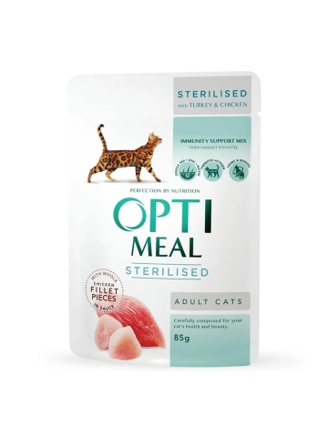 Optimeal Cat Sterilised - Hrana umeda super-premium - Curcan si Pui - 85g - Img 1