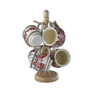 SET DE 6 CANI CERAMICA ROSII CU SUPORT DIN LEMN 6X400ML