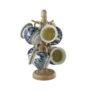 SET DE 6 CANI CERAMICA ALBASTRE CU SUPORT DIN LEMN 6X400ML