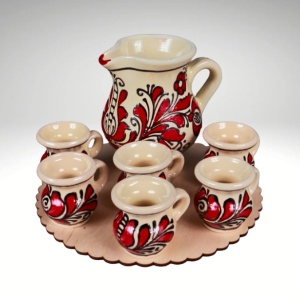 Set ulcior cu şase ceşti de țuică ceramică cu suport rotund 1x400 ml , 6x60 ml