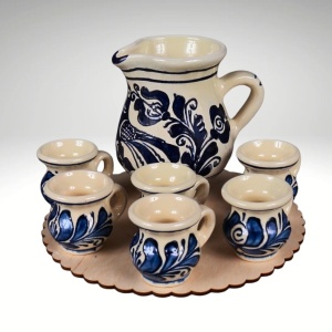 Set ulcior cu şase ceşti de țuică ceramică cu suport rotund 1x400 ml , 6x60 ml
