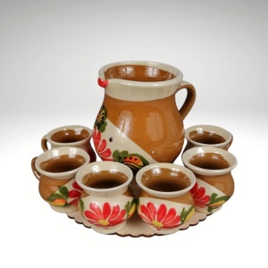 Set ulcior cu şase ceşti de țuică ceramică cu suport lemn 500 ml, 6x50 ml