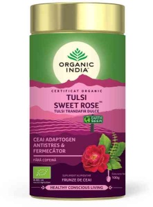 Ceai Tulsi (Busuioc Sfant) Trandafir Dulce (fara gluten) BIO Organic India - 100 g