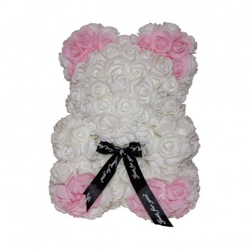 Ursulet din trandafiri din spuma de sapun, 25 cm, alb cu roz, handmade, cutie transparenta