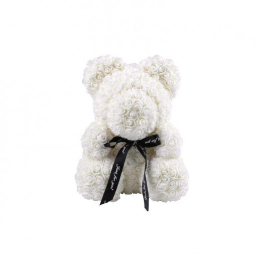 Ursulet din trandafiri de spuma, 25cm, alb, handmade, cutie transparenta