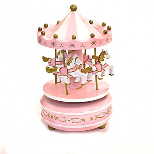 Carusel muzical cu caluti, roz cu alb, 17 cm