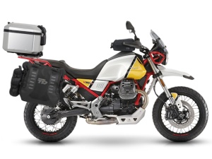 Complete set of SHAD TERRA TR40 adventure saddlebags and SHAD TERRA aluminium 48L topcase, including mounting kit SHAD MOTO GUZZI V 85 TT