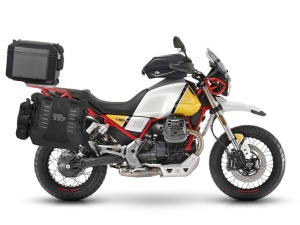 Complete set of SHAD TERRA TR40 adventure saddlebags and SHAD TERRA BLACK aluminium 48L topcase, including mounting kit SHAD MOTO GUZZI V 85 TT